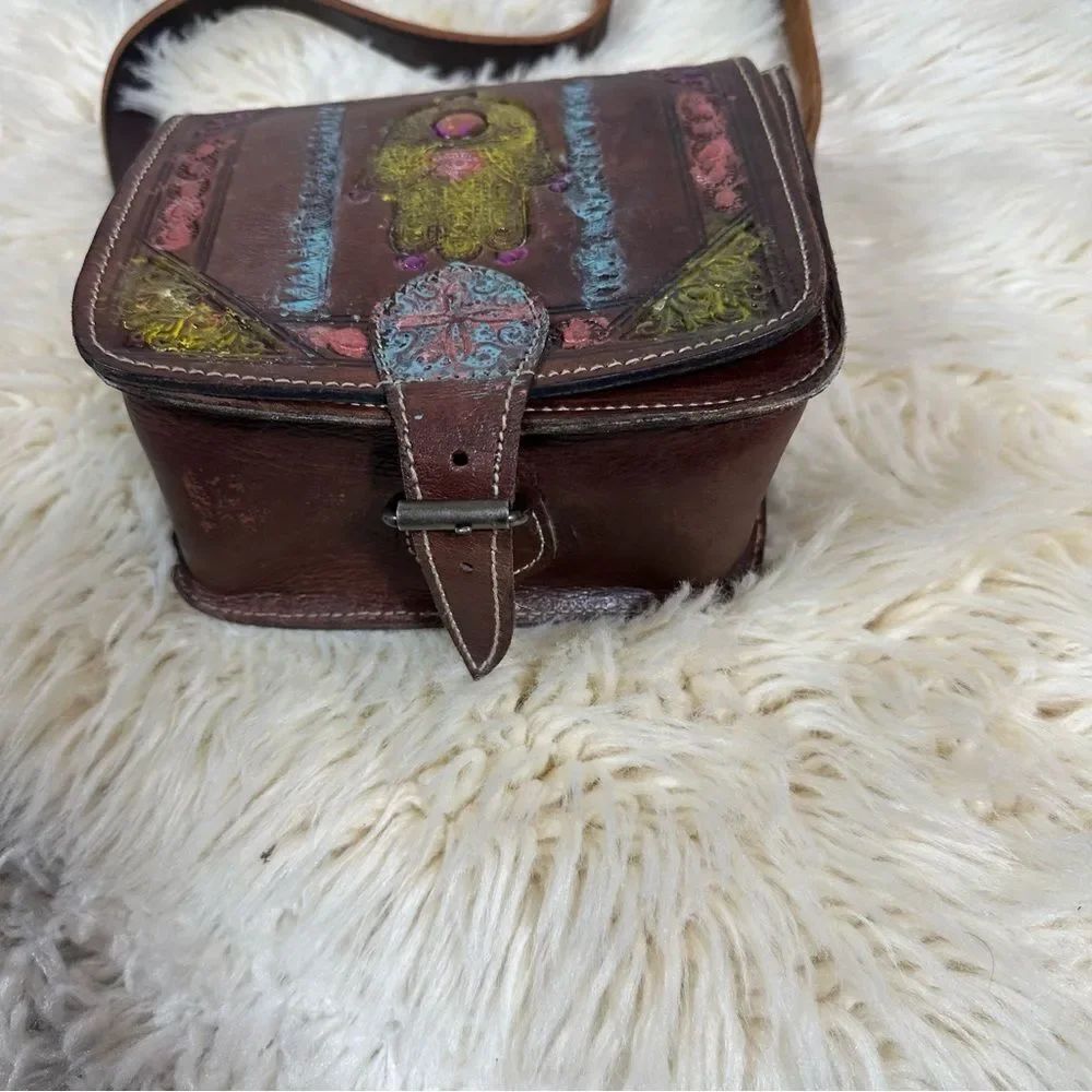 Vintage Brown Leather Crossbody Bag hand painted